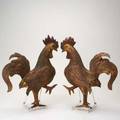 Carved wood roosters pair with gilt highlights 20th c unmarked each 16 x 13