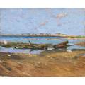 Charles h freeman american 18591918 oil on board of a shore with boats signed 10 x 12