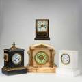 Shelf  mantle clocks four three marble with porcelain faces and one woodcase with reverse painted glass and exposed pendulum unmarked 12 12