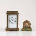 Clocks french carriage clock and a swiss desktop bronze with marble base and porcelain face 19th20th c taller 4 12