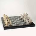 Ivory or bone chess set with figures and mother of pearl inlaid board that hinges to close into a box 20th c box closed 4 x 26 x 13