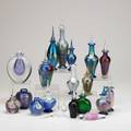 Vandermark eighteen glass perfume bottles with stoppers late 20th c incandescent pulled feather and cased glass most marked tallest 10 34