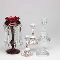 Candlesticks and epergne five pieces 19th20th c gilt ruby epergne with cutcrystal drops pair of blownglass sea dolphin candlesticks and pair of royal paris candlesticks porcelain marked tall