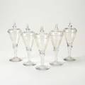 19th c wine goblets five covered goblets etched with castle crest lion passant lady justice and religious figure unmarked overall 8 x 2 34