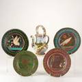 Faience group five painted ceramic pieces italian jug with landscape and four mexican plates with flora and fauna some marked jug 10 12