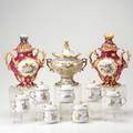 European porcelain ten pieces pair of old paris covered urns with delicate figural flower tops seven potsdecreme and covered twohandled urn with gilt decoration tallest 6