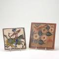 Ceramic tiles two persian hunter on horseback and floral scene with a bird and cactus larger 9 34 sq