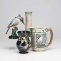 Weller four pieces zona kingfisher pitcher rosemont vase brighton king fisher and lart nouveau vase all marked tallest 8
