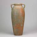 Zanesville tall handled floor vase in green and brown unmarked 26 x 11 dia