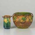 Roseville two pieces blackberry jardiniere and sunflower vase unmarked taller 7 12