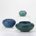 Van briggle three bowls post1930 largest in teal glaze with leaf motif bowl with acorns and oak leaves in lapis over light blue glaze and small vase with leaves in light blue glaze all marked l