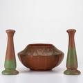 Van briggle three pieces in mountain craig brown glaze 1920s large bowl with arrowshaped leaves and pair of candlsticks bowl marked bowl 10 dia
