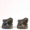 Rookwood pair of production bookends with rooks in matte green and indigo glaze 1916 flame mark xvi2275 each 5 14 x 5 14 x 3