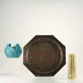 Arts  crafts group three pieces octagonal roycroft silverwashed copper charger weller roma vase and late van briggle blue vase all marked charger 14 12 dia