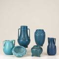 Rookwood six production vessels in blue glaze 19211928 all with impressed marks tallest 7