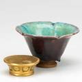 Leon volkmar durant kilns floriform bowl in teal and eggplant glaze 1916 and parcelgilt stand 1919 both incised durant 5 x 6 12