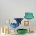 American art pottery nine pieces two fulper bowls in blue flambe peters and reed low bowl weller roma planter matte green handled vase and four claycraft tiles tallest 6