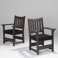 Heywood wakefield pair of vback armchairs in the style of gustav stickley early 20th c quartersawn oak and ultasuede upholstery unmarked 37 12 x 27 x 24