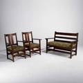 L jgstickley three piece seating suite settee 226 and pair of armchairs unmarked settee 53 x 24 x 36 12