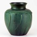 Hampshire large matte green vase with raised foliate decoration incised mark 9 12 x 8