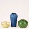 Hampshireclifton three vessels bowl in matte green vase in matte blue with bud decoration and clifton handled vase with crystalline patina all marked tallest 7