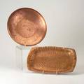Arts  crafts metal group two pieces hammered copper schaefers low bowl and chippewa serving tray both marked bowl 12 dia