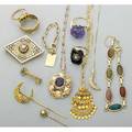 Collection of gold jewelry 18801970 victorian enameled 14k yg mourning brooch 1 34 arts  crafts 14k yg amethyst necklace with chain 17 pendant 1 18k yg vegetal band size 9 14k yg o