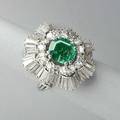 Columbian emerald diamond platinum ring ca 1955 cushion step cut transparent green emerald 904 x 861 x 418mm 239 cts by formula gia report 2135777109 framed by ruffle of brilliant cut and