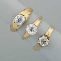 Three diamond solitaire rings ca 1905 two omc 80 ct diamonds each in 14k yg prong settings omc 50 ct diamond in platinum bezel on 18k yg 73 dwt 114 gs sizes 5 126 12