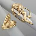 Two figural 14k gold rings erotic river pearl ring angelform pinkie ring 157 dwt 246 gs sizes 5 12 and 3