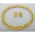 Gold greek key necklace and earrings ca 1980 solid textured links of 18k yg 961 dwt 1494 gs necklace 17 12 tapers 3412 clips for pierced ears 1