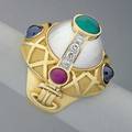 Wander inc gemset mabe gold ring late 20th century bright and matte 18k oval form with circular pearl banded by diamonds 48 ct tw cabochon sapphires emerald and rubies unmarked 20 dwt 311