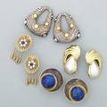 Four pairs gold ear clips and wander ear pendants 19501990 cabochon lapis in 14k dishes pear shaped mabe pearls with bright 14k caps pierced ovals with pearls and sapphires and fringe 14k ster