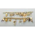 Two unique gold charm bracelets 18701970 fancy link bracelets and 20 charms include fine jeweled treasure chest jewelers tweezers with diamond gem filled trophy cup volkswagen beetle etc most