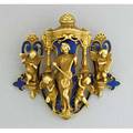 Renaissance revival enameled 14k gold brooch after fromentmeurice triptych form depicts viola and putti against blue enamel ground hinged bail 219 dwt 341 gs 2 x 2