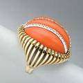 Coral diamond and 18k ring ca 1975 fluted coral 30mm x 23mm x 14mm and diamond wg straps on yg ribs unidentified american maker skh 193 dwt 301 gs size 6 1 58