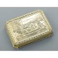 Austrohungarian gold snuff box 18721922 rectangular with canted corners the hinged lid a romantic courting scene with swans on a lake cupid at the prow elaborate chased and engine turned detail