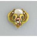 Art nouveau enameled gold watch pin krementz ca 1905 iris and foliage with three accent diamonds and buttonshaped river pearl hinged pendant bail and hook fitting marked 14k and trademark 53