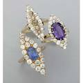 Three navetteshaped rings with diamonds ca 1910 blue cushionshaped sapphire weighing approx 1 cts deep purple amethyst row of five champagne diamonds among omc and oec diamonds approx 370