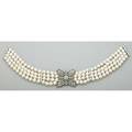 Pearl and diamond collar victorian old mine cut diamond foliate and scroll pierced panel joins four strands of spherical 9mm akoya pearls later wg diamond spacers and bayonet clasp diamonds approx