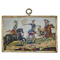 Micromosaic turkish battle scene early 19th century rectangular of tightly fitted and polished tesserae in silvered bronze frame with bail depicts three mounted warriors in the heat of battle the