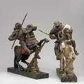 Italian carved wood figures two knights on horseback with polychrome decoration on faux marble bases 20th c taller 26