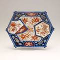 Japanese imari sixsided platter with faux bamboo border 19th c 9 12 x 12