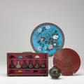 Asian grouping cloisonne display of miniature gourd vases in various stages of production goldstone cricket jar birddecorated plate and red lacquer plate 19th20th c largest 3 18 x 6 34 x