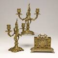 Dore bronze items pair of floriform candelabra together with a letter rack 19th c marked candelabra 11 x 8 x 3 12