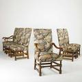 Set of six william and mary style dining chairs four side and two arm with walnut frames and tapestry upholstery 20th c armchair 45 x 25 x 27