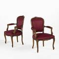 Pair of louis xv style armchairs walnut frames with upholstered seats and backs 20th c 35 x 23 x 22