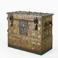 German iron valuables trunk paintdecorated with wrought iron hardware and locks 18th c inscribed stadt schlosser in nurnberg hat mich gemacht anno 1723 with maker mark hs 37 x 45 x 25