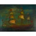 19th c european primitive painting oil on canvas mounted on panel of a british sailing ship framed 28 x 37