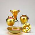 Steuben five gold aurene items include vase with ruffled edge center bowl etc 20th c all marked tallest 7 12
